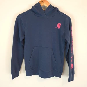 Carhartt Girl's Logo Graphic Hoodie Sweatshirt Kangaroo Pocket Blue/Pink Size M - Picture 1 of 11
