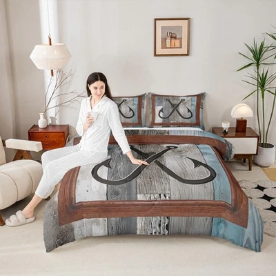 Fish Hook Nautical Kids Comforter Set Queen Size,Lake House Fishing Cabin Bed... - Image 1 of 4