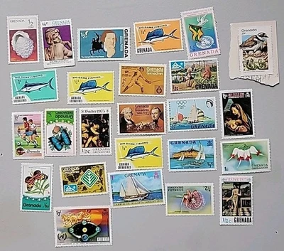 25 selos postais de Granada. 1 usado, 24 não. Desde a década de 1970. - Imagem 1 de 4