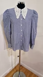 Zara pinstripe poplin collar shirt size L blue white pure cotton puff sleeve - Picture 1 of 8