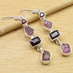 Rare TOURMALINE, GARNET Earrings 2.2" Gorgeous 925 Solid Silver Artwork Jewelry - Picture 1 of 2