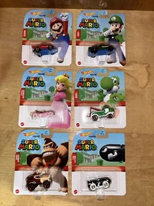 Super Mario Hot Wheels Character Cars Mattel Set Of 6 Mario Luigi Peach Yoshi - Picture 1 of 20