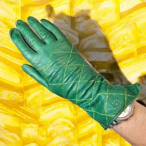 Vintage Womens Mod Green Leather Thin Fashion Gloves 6.5 Light Green Stitching - Picture 1 of 10