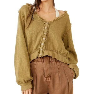 Free People Golden Road Ruffled Button-Front Cardigan Size Small Raw Seams Boxy - Picture 1 of 14