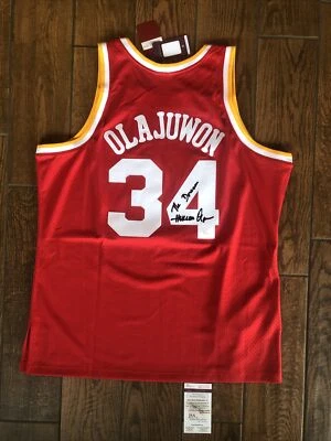 Hakeem Olajuwon Signed HOUSTON ROCKETS  Mitchell Ness Jersey JSA The Dream Inscr - Image 1 of 4