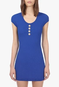 $1350 BALMAIN BLUE Knit Stretchy Cocktail MINI Night Out Dress 38 GOLD BUTTONS - Picture 1 of 12