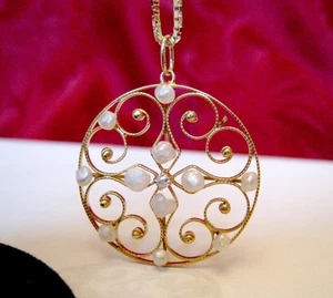 COLLAR COLGANTE REDONDO DE PERLAS Y DIAMANTES DE FILIGRANA DE ORO AMARILLO 14K 18" DE LARGO - Imagen 1 de 11