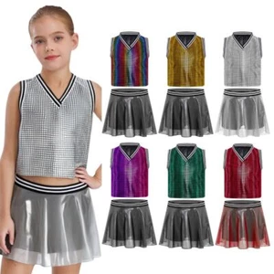 Kids Girls Suits Stage Set Metallic Plaid Outfit Tank Top V-Neck Sports Modern - Foto 1 di 37