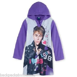 Justin BIEBER Nightgown PAJAMAS Girl's 10 NEW Hooded Purple Soft Fleece Pjs Gown - Picture 1 of 4