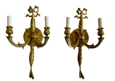 PAIR Antique French Gilt Brass Rope Bow Tassels Wall Sconce Candelabras A1 - Image 1 of 4