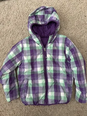 Abrigo acolchado North Face ciruela púrpura verde menta a cuadros 550 reversible 10/12 Foto 1 de 4