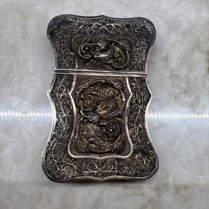19th C. Chinese Serpentine Edge Sterling Silver Wire-Work Card Case Dragons Rare - Picture 1 of 18