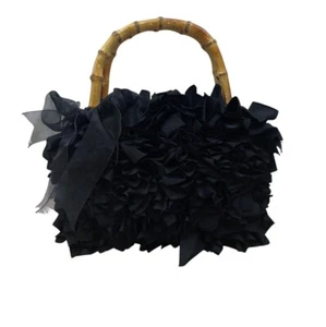 Braciano Black Ruffled Lining Bamboo Handles & Sheer Ribbon Accent Handbag Sz S - Picture 1 of 8