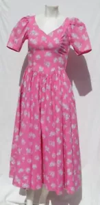 Vtg 80s LAURA ASHLEY UK 10 US 4 Small Pink Floral Cotton Midi Fit & Flare Dress - Picture 1 of 8