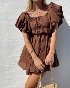 Women Casual Summer Dress Fashion Sexy Solid Color Elegant Short Puff Sleeve Off - Foto 1 di 27