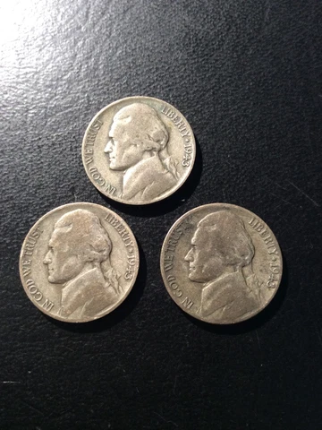 Jefferson Nickels: 1943 PDS --3 WWII Silver Alloy Coins--         (0542-50) Cover