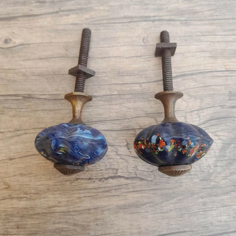 2pcs Vtg victorian blue glass n brass door drawer cabinet cupboard knobs handle Cover