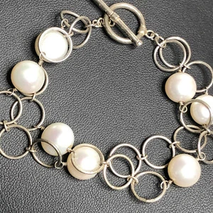 5279 Sterling silver signed PS 925 2-strand pearl toggle bracelet 16.2gr 7.5" - Picture 1 of 2