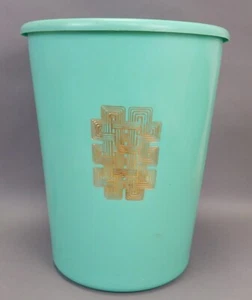 Mid Century Rubber Trash Can Wastebasket Diaper Bin Turquoise Blue Geometric - Picture 1 of 5