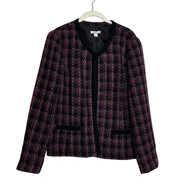 Chaqueta Blazer Croft & Barrow Mujer Grande Negra Rosa Nubby Frente Abierto Tweed Foto 1 de 4