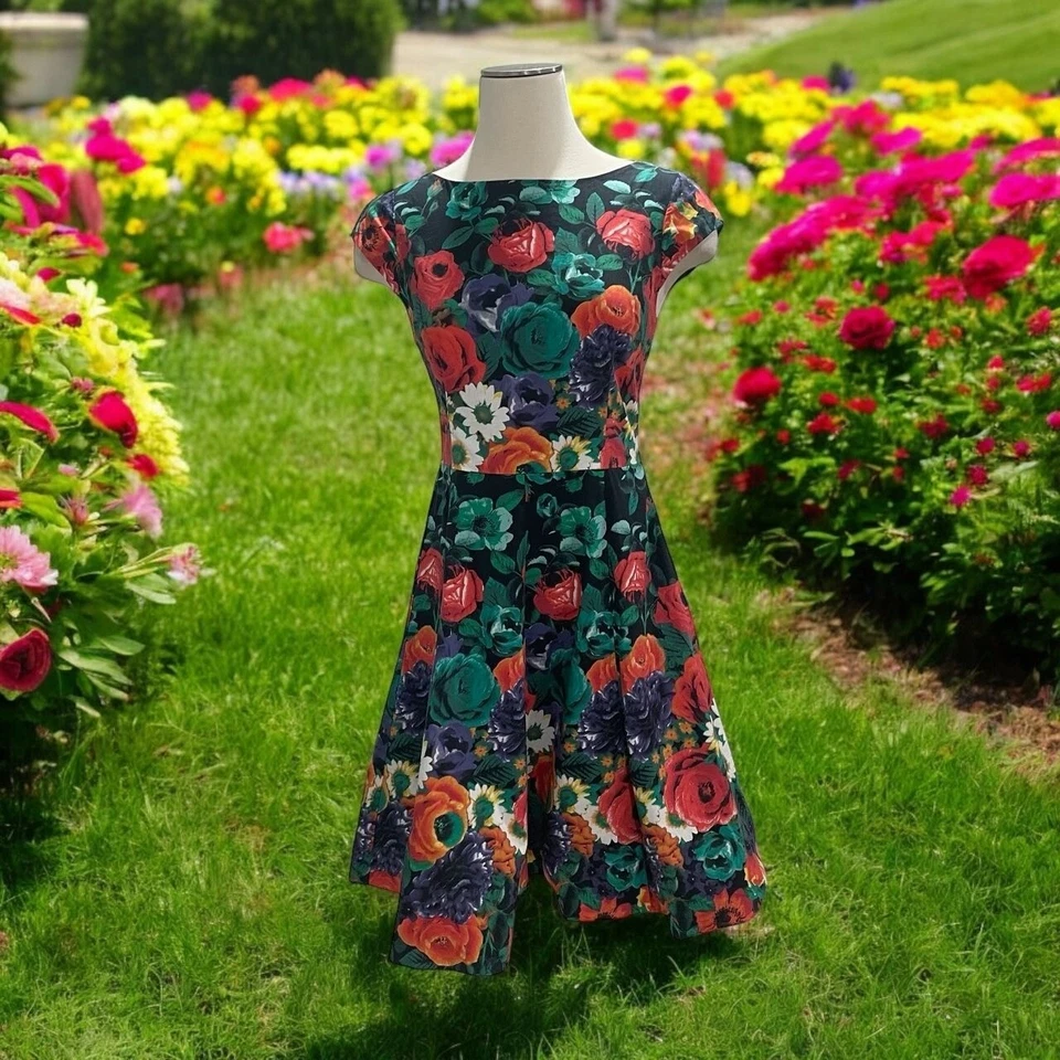 Floral Fit And Flare Dress Feminine Retro Cottagecore Coquette Garden Party Bold - Image 1 of 4
