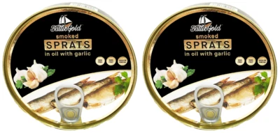 2 PACK - BALTIC GOLD smoked SPRATS in Oil with GARLIC 160gr Made in LATVIA