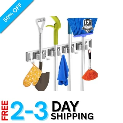 Space-Saving Silver Broom Holder - 4 Racks & 5 Hooks for Home and Garden - Image 1 of 4