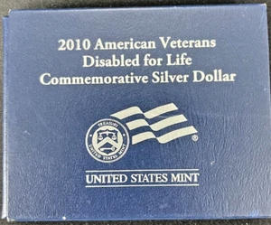 2010 American Veterans Disabled for Life Uncirculated Silver Dollar Box and Coa - Picture 1 of 6