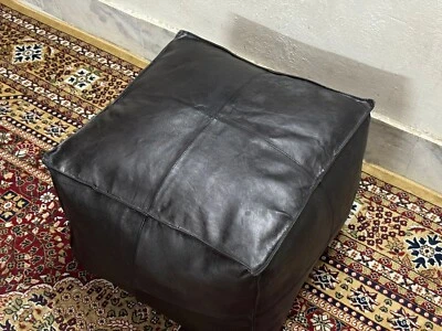 Leather Moroccan Ottoman Pouffe Footstool New Unstuffed Boho Aamazing Black 20'' - Image 1 of 4