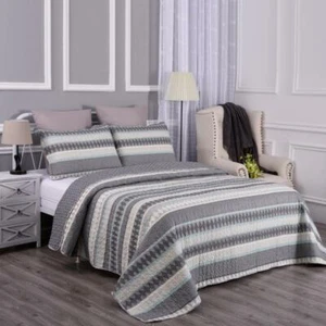 luxury Boho Stripe Quilt Bedspread Reversible 3Piece Bohemian Design Bedding Set - Picture 1 of 67