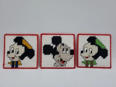 Disney Mickey & Minnie Mouse Plastic Yarn Canvas Art Handmade 3 Coasters 4 1/4" - Image 1 of 4