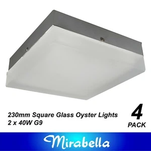 4 x 230mm Square Ceiling Oyster Lights Heavy Duty Frosted Glass Silver Trim - Picture 1 of 6