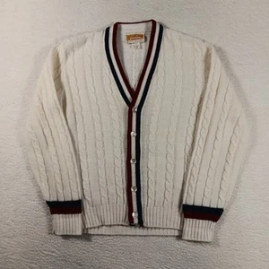 Vintage 80s Jantzen Cardigan Mens Medium White Striped Sweater Cable Knit Chunky - Picture 1 of 11
