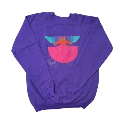 Laurel Burch Crewneck Sweatshirt Med Purple Vintage 90s Cat Angel Graphic NOS - Image 1 of 3
