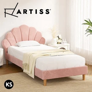 Artiss Bed Frame King Single Scallop-Shape Bedhead Beds Base Pink Velvet Fabric - Picture 1 of 9