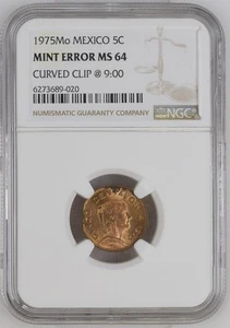1975-Mo Mexico 5C Centavo Mint Error Curved Clip @ 9:00 NGC MS 64 - Picture 1 of 7