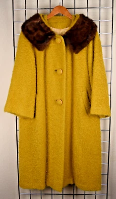 Vintage Mohair Long Coat Macauley Sz S/M 50s Curl Shag Mustard Yellow Fur Collar - Image 1 of 4