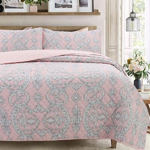 Millennial Floral Pink Medallion Reversible Quilt Bedding Set,Bedspread,Coverlet - Picture 1 of 6