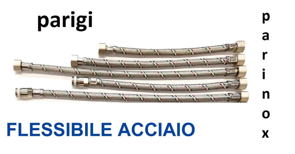 TUBO FLESSIBILE TRECCIA ACCIAIO INOX X ACQUA RACCORDI IN OTTONE 1/2 3/8"  MF FF - Immagine 1 di 1