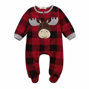 Infant Baby Boy Girl Plaid Deer Christmas Romper Bodysuit Outfit Kids Long Sleev - Picture 1 of 3