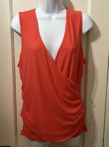 INC Womens Sz L Coral Peach Crossover V Neck Drape Criss Cross Sleeveless Blouse - Picture 1 of 15
