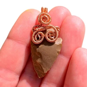 Natural Jasper Arrowhead Triple Swirl Copper Wire Wrap Artisan Unisex Pendant - Picture 1 of 8