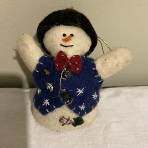 Vintage Snowman Christmas Tree Ornament Hat Vest Bow Tie Buttons 5”Tall - Picture 1 of 10