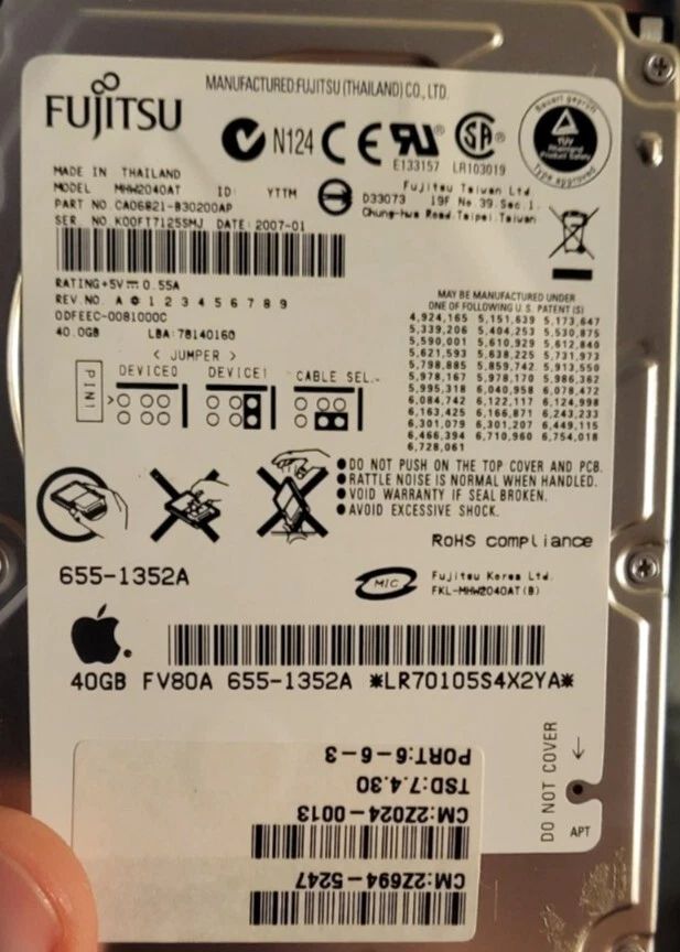 Fujitsu MHW2040AT 40GB Hard Disk 2.5" INTERNO IDE Apple Laptop  - Immagine 1 di 1
