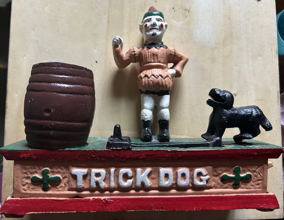 Vintage Cast Iron Mechanical Money Box Coin Bank Circus Trick Dog & Clown Act - Image 1 of 1
