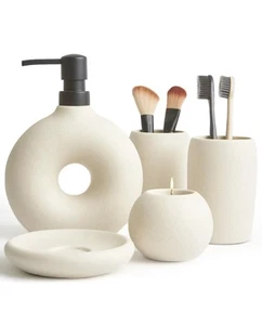 Terramoza Ceramic Bathroom Accessory Set, 5 Pcs -Beige, Matte Glaze - Imagen 1 de 13