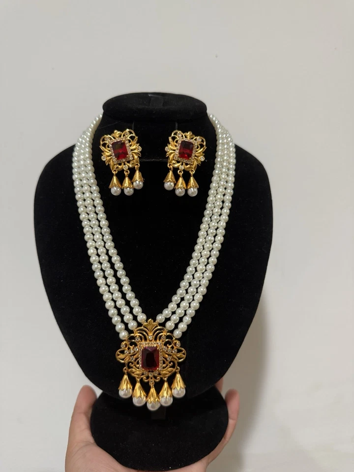 Gold Plated Red Pearl Necklace Set - Image 1 of 1