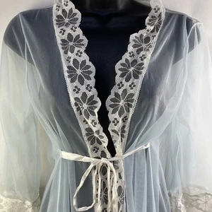 Vintage Mistra Sheer Blue Nylon Peignoir Sheer Chiffon Robe Lace Trim Size L - Bild 1 von 10