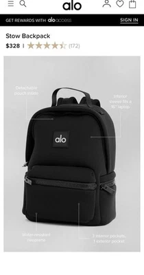 BNWT Alo Yoga Stow Backpack Black With Detachable pouch MSRP $328 - Image 1 of 4