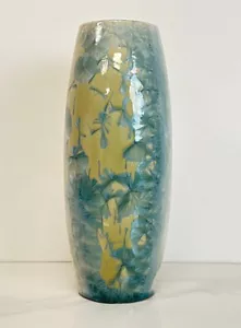 Jarrón de esmalte cristalino 11" Aqua + Gold, Bat Trang Pottery Village, marca Tran Hop - Imagen 1 de 4